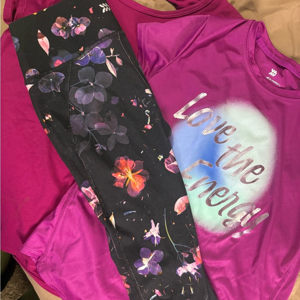 All in motion Purple Graphic Tee and Floral Athletic Leggings Set